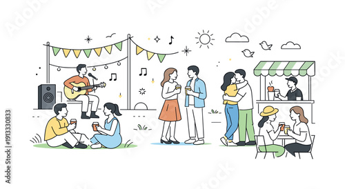 Spring celebration atmosphere. People gathering in an open space with music, lights, and small festival decorations, calm social interaction