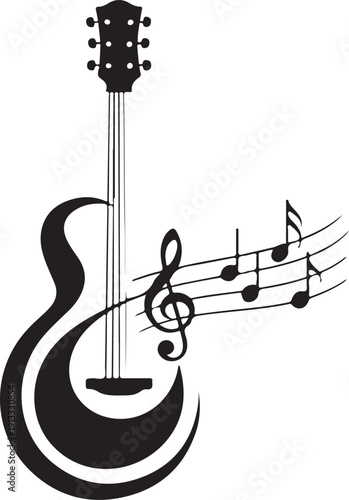 Acoustic guitar outline combined with flowing musical notes and a treble clef