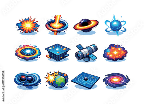Colorful Cosmic Icons. Cosmic events. Colorful isometric vector icons set of cosmic events: exploding supernova, gamma ray burst, black hole lensing, neutron