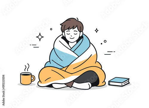 Wrapping in a blanket. Person sitting comfortably, blanket draped neatly around them, relaxed posture. Cozy everyday scene with minimal
