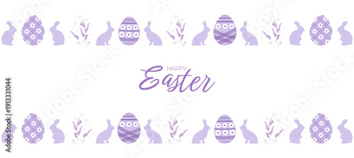 A horizontal banner with patterned Easter eggs, bunnies, and plant branches in a simple flat style. Editable Template.