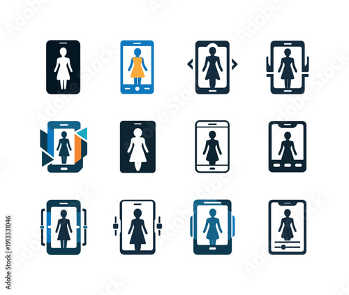 Virtual fitting rooms. Icon set. Set Logo of virtual fitting rooms: smartphone try-on interface. harmonious logo variations of the same