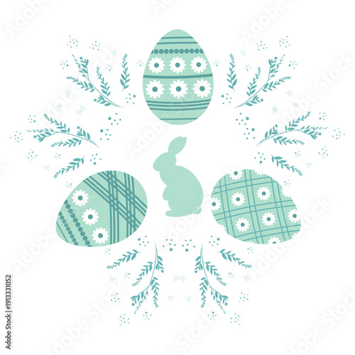 An Easter element in the form of a frame of eggs, twigs, and a silhouette of a hare. Easter.