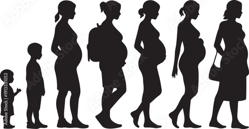 Black silhouettes illustrating the journey from a child to different stages of pregnancy