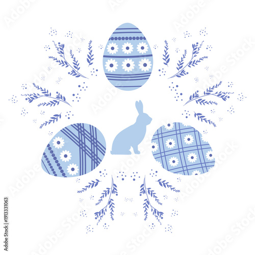 An Easter element in the form of a frame of eggs, twigs, and a silhouette of a bunny. Easter Template