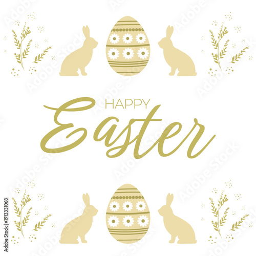 A poster featuring patterned Easter eggs, bunnies, and plant branches in a simple flat style. An Easter-themed banner. Template for a postcard, social media, or sale.