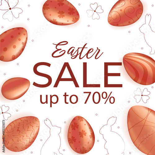 Easter. Square Sale Banner with Patterned Easter Eggs. Editable Template.