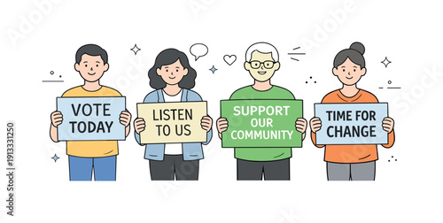 Civic engagement. Individuals hold posters with short messages while maintaining relaxed postures. Calm public participation and democratic