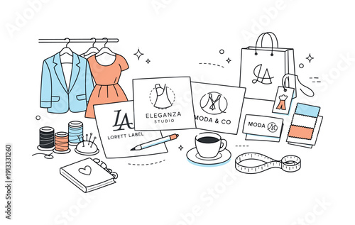 Elegant Fashion Studio. Creative fashion studio. A calm scene with logo drafts, garments, and branding materials, expressing thoughtful design and premium