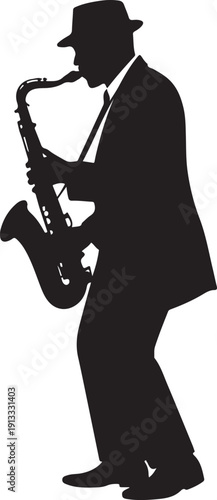 Silhouette of a man wearing a fedora hat and suit playing the saxophone with passion