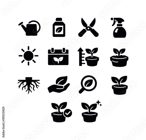 Plant Care Routine. Solid icon set of Plant Care Routine: watering can, fertilizer bottle, plant scissors, plant mister, sunlight rays,