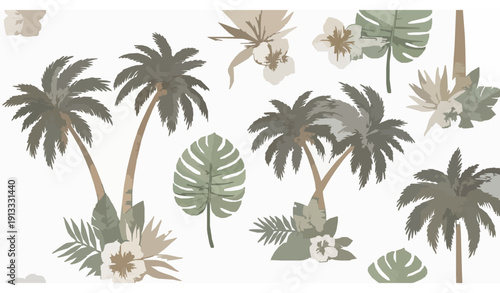 Elegant Hawaiian Tropical Palm Tree and Floral Seamless Pattern for Textile and Interior Vector Design
