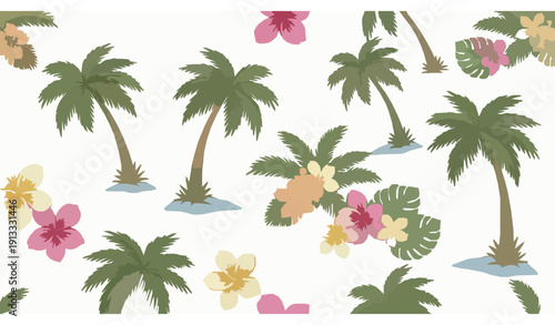 Vibrant Summer Tropical Seamless Pattern with Palm Trees and Island Floral Vector Illustration