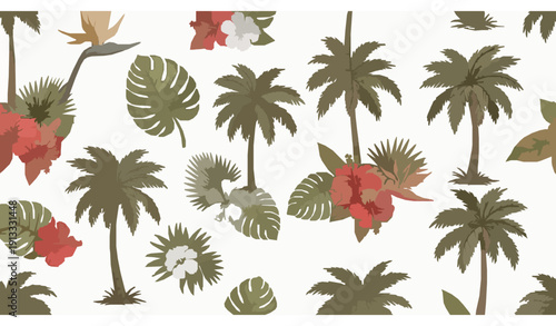 Tropical Seamless Pattern with Hand Drawn Palm Trees and Hawaiian Flowers Summer Vector Background