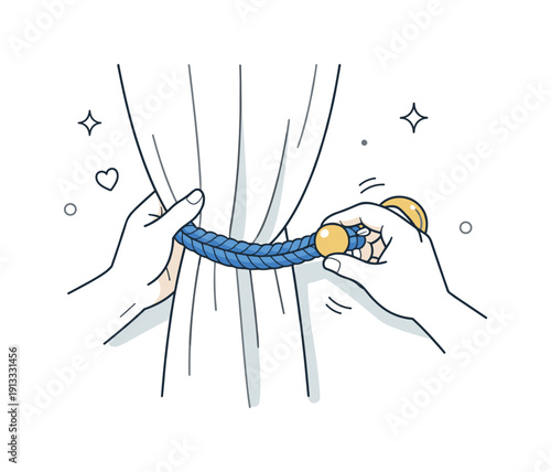 Curtain tieback installation. Hands calmly adjusting a curtain tieback on a window curtain. Focused action, home improvement moment in a