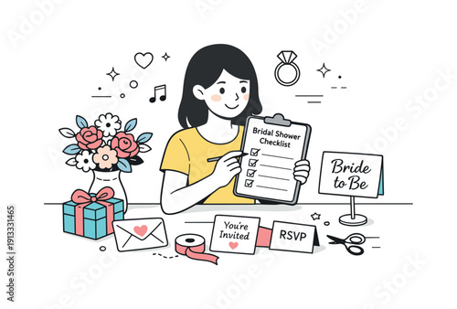 Planning a bridal shower. A host reviews a checklist and decorations on a table with flowers and cards. Focused organization and joyful