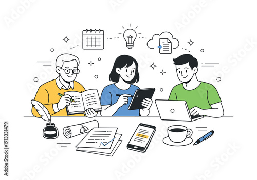 Tradition Meets Innovation. Rewriting traditions. People carefully editing handwritten notes and digital documents together, blending old customs with modern