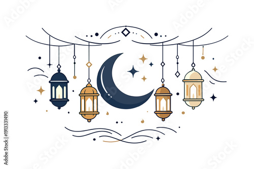 Eid al-Fitr elegant illustration abstract celebration. A crescent moon at the center with hanging lanterns, stars, and gentle lines forming a