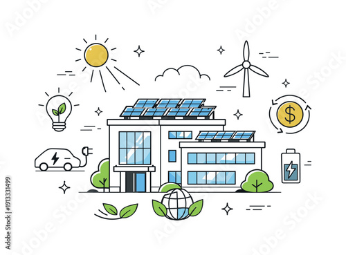 Solar-Powered Office Design. Solar-powered business solutions. A modern office building with rooftop solar panels, clean energy icons and gentle sun rays