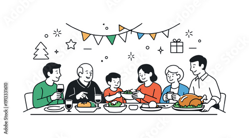 Family holiday gathering. A family gathered around a table during a festive holiday, sharing food and quiet conversation. Warm, welcoming