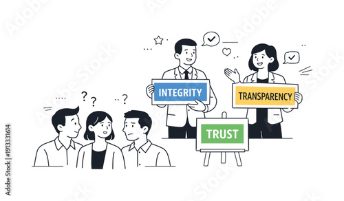 Leadership and value hypocrisy. An editorial illustration of leaders presenting core values while employees quietly exchange doubtful