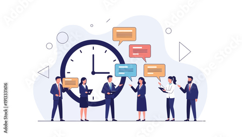 Teamwork and communication during a business meeting, with clock and speech bubbles