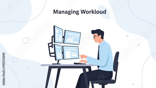 Businessman Managing Workload at Desk with Multiple Computer Monitors