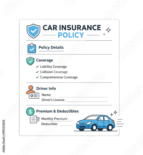 Digital car insurance document. A simple editorial scene showing a policy page with sections, icons, and a small car illustration,