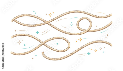 Flowing Twine Rhythm. Natural twine rope. Close-up of textured twine lines arranged in flowing curves and loops, creating a calm abstract rhythm. Editorial