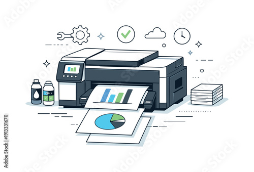 Efficient Digital Printing. Digital printing process. Modern printer producing clean sheets with simple graphics, calm and precise workflow. Focus on
