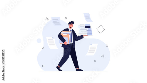 Business man walking with stack of documents and files, busy work concept