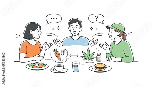 Food and cannabis discussion. People talking at a table with plates and symbolic plant icons between them, emphasizing conversation and
