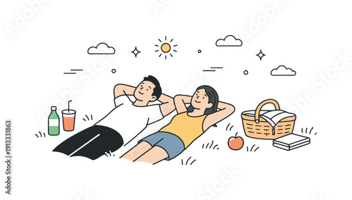 Park picnics and outdoor gatherings. Couple lying on grass looking at the sky with drinks nearby. Quiet rest, shared pause, and relaxed