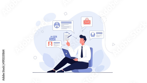 Man working on laptop with notifications and messages, business concept illustration