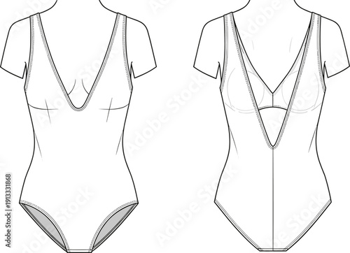 Front and back view of a women's plunging V-neck bodysuit technical fashion flat sketch, CAD drawing, white vector illustration, swimwear template.
