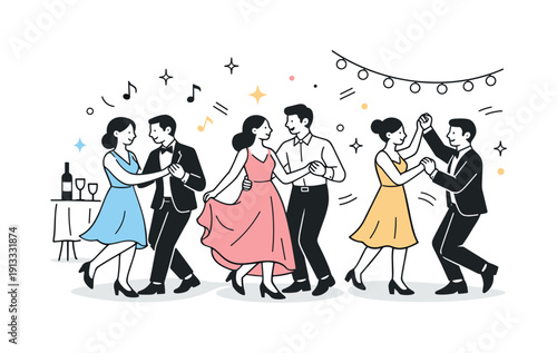 Dance at special occasion. Guests dancing together at a formal event, joyful yet elegant atmosphere. Simple shapes and motion cues show