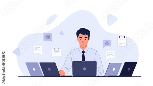 Man working with multiple laptops, multitasking and digital communication concept