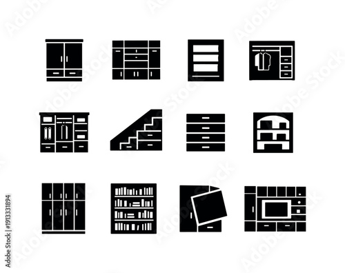 Built-in storage. Solid icon set of built-in storage: built-in cabinets, wall storage unit, recessed shelving, built-in wardrobe, custom