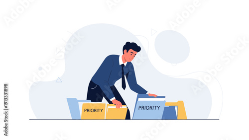 Businessman organizing files in priority folders, business workflow concept