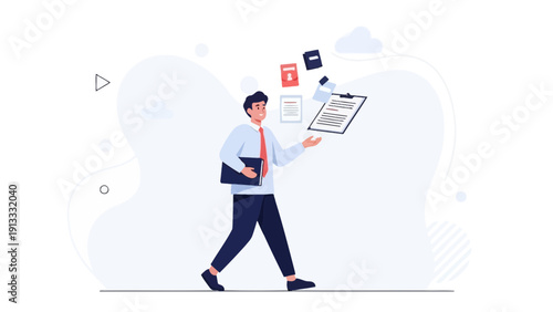 Businessman juggling documents, laptop, and files, symbolizing multitasking and efficiency.