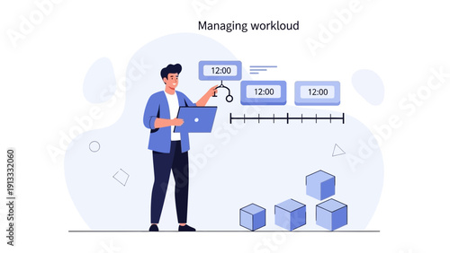 Man managing workload and tasks on timeline, business planning and organization concept