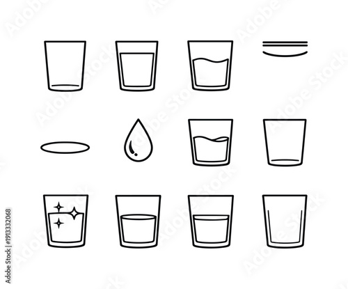 Clean Glass Icon Set. Clean Drinking Glass. Line icon set of Clean Drinking Glass: empty glass outline, full glass outline, water surface curve, rim detail