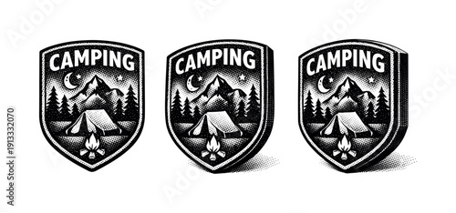Camping badge emblem shown as a single object presented in three different views: front flat view, slight angled view, and perspective view