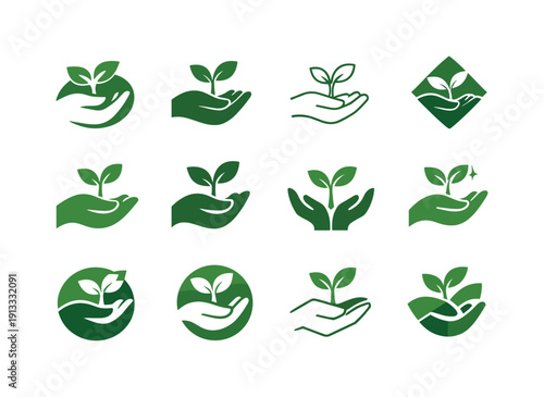 Environment. Icon set. Set Logo of environment: hand holding plant sprout. harmonious logo variations of the same emblematic concept, each