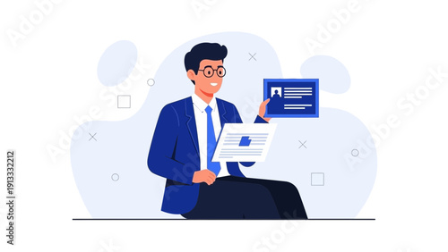 Man in Suit Holding Resume and ID Card, Job Application Concept