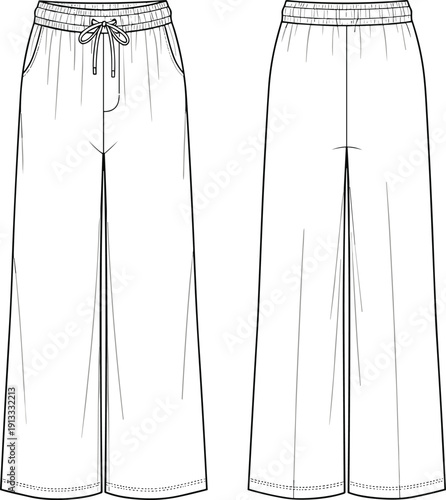 Women's Wide Leg Drawstring Trousers Technical Flat Fashion Sketch Vector Illustration, Casual Pajama Pants Design CAD Drawing Flat Vector Illustration