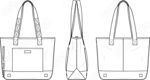 Large Canvas Tote Bag Technical Flat Fashion Sketch Vector Illustration, Shoulder Shopping Bag Design CAD Drawing Flat Vector Illustration for Fashion