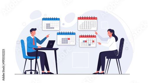 Business meeting planning schedule with calendars and laptop