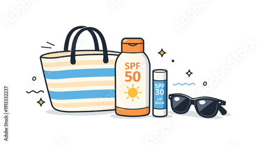Sun protection products for beach. Sunscreen, lip balm with SPF, and sunglasses placed next to a beach bag. The scene suggests preparation,