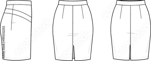 Women's High Waisted Tailored Pencil Skirt Technical Flat Fashion Sketch Vector Illustration with Back Slit and Front Side Back View CAD